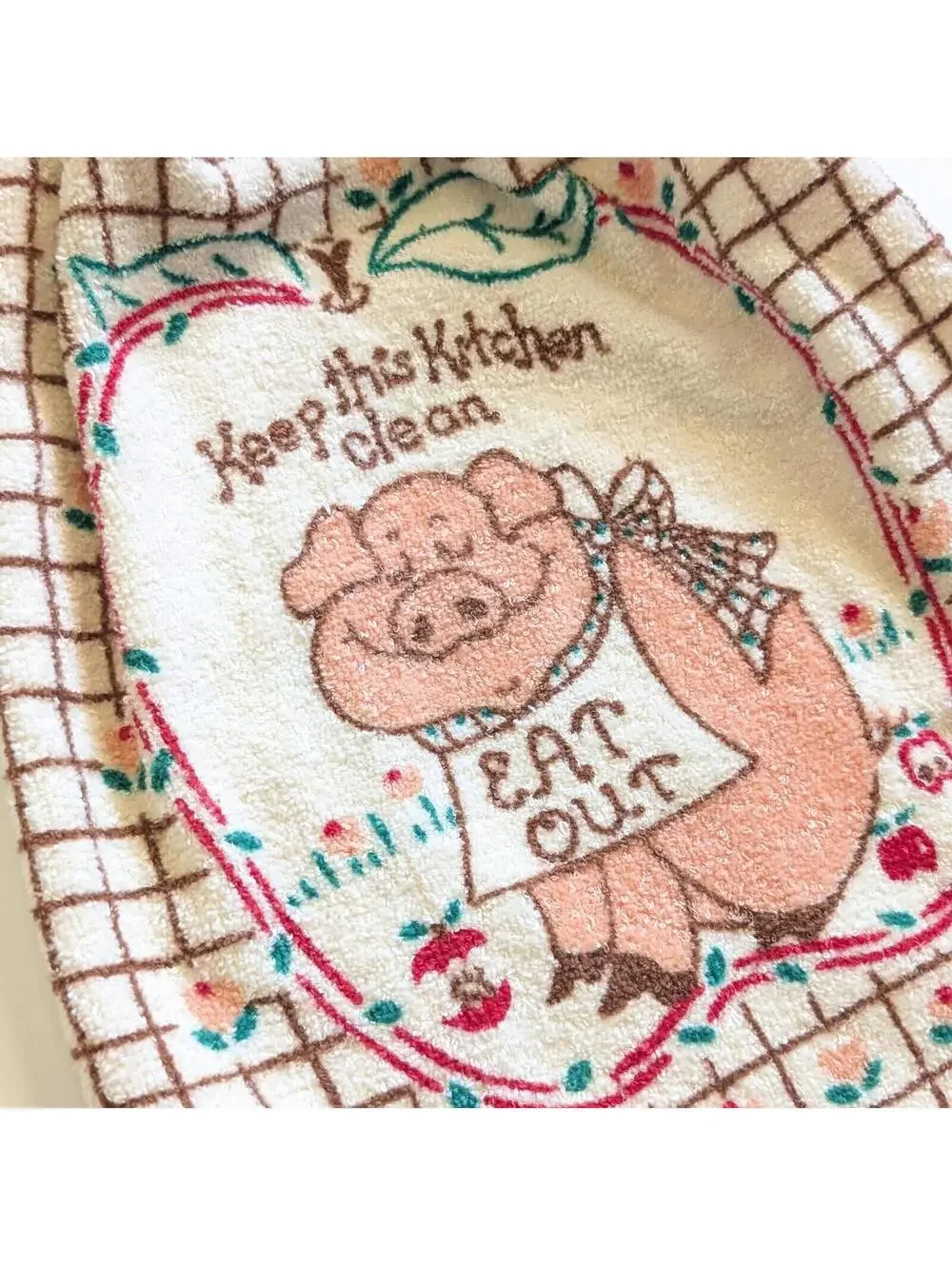 Vintage Kitchen Towel with Pig Theme and Crochet Hanging Loop & Button